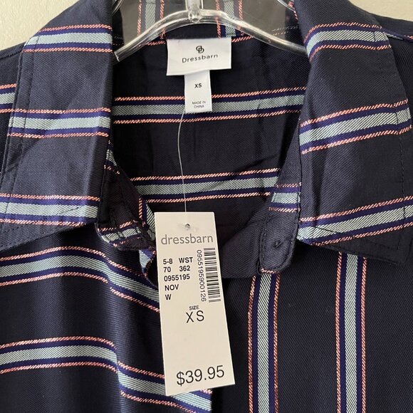 Dressbarn Sz XS Womens Navy Blue Metallic Striped Button Down Shirt Roll Tab Sly - Picture 2 of 8